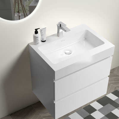 Meuble-lavabo moderne 24 po, blanc avec tiroirs silencieux, 20% plus de rangement, poignée élégante, sans robinet ni bonde 24 po