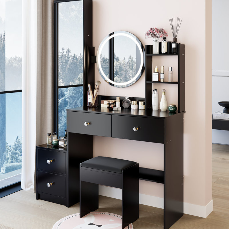 Table de meuble-lavabo à DEL de 17 po de diamètre avec miroir à commande tactile à luminosité réglable en 3 couleurs, armoire à miroir pleine grandeur et tabouret rembourré, conception américaine, matériau, noir, profondeur de 42,8 po, largeur de 14,44 po