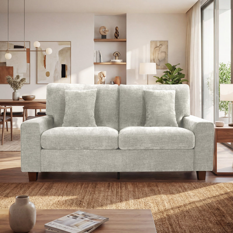Karlita 71.25'' Modern Upholstered Sofa with Square Armrests and 2 Throw Pillows, Beige