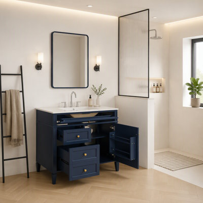 Meuble-lavabo moderne de 91 cm (36 po) avec lavabo sur comptoir, grand espace de rangement, lavabo en céramique durable et élégant design à pieds romains.