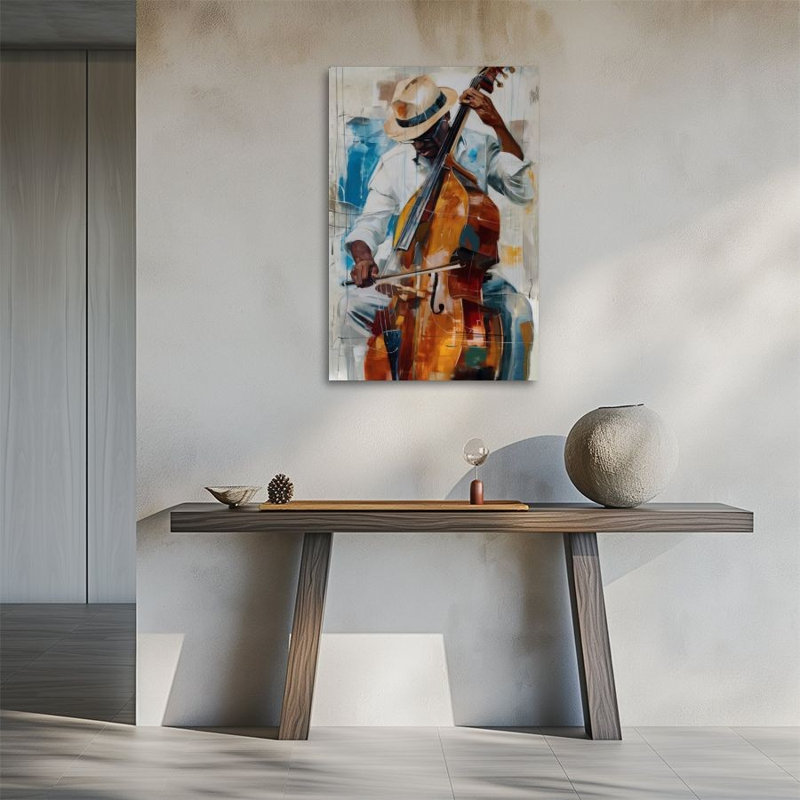 Art mural sur toile encadré 24 po x 36 po, musicien de jazz abstrait jouant de la contrebasse, peinture expressionniste moderne, grande décoration murale de musique pour le salon, la chambre et le bureau