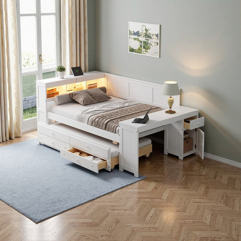 Lit de jour double en bois de pin massif et panneau de fibres à densité moyenne avec tablettes de rangement intégrées, Blanc