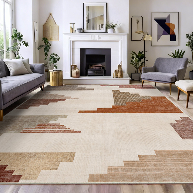 Washable Area Rug Orange & Brown Modern Soft Accent Rug Low Pile Distressed Floor Carpet for Living Room Bedroom Kitchen Dining