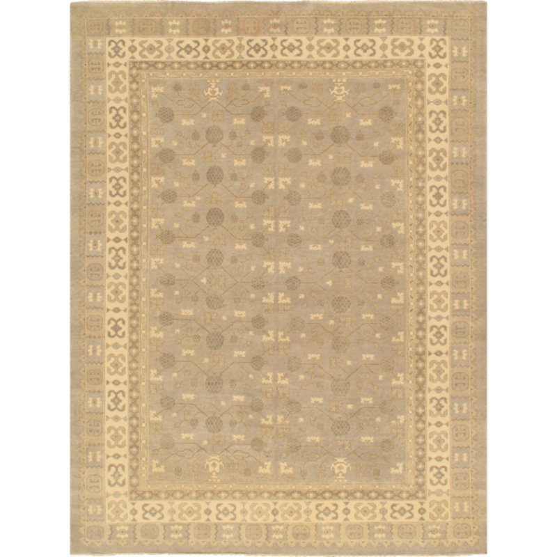 Tapis gris / beige noué à la main Khotan, Rectangle 8 pi 3 po x 10 pi 3 po