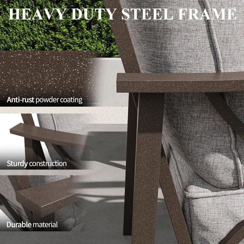 Set Of 2  All-Weather Metal Armchairs, Khaki Frame With Gray Cushions, Gray, Khaki
