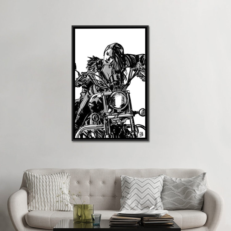 Biker fille, impression sur toile tendue, H 26 po x l 18 po x P 1,5 po, Toile avec cadre noir, Pas de tapis