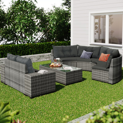 8-Pieces Outdoor Wicker Round Sofa Set, Half-Moon Sectional Sets All Weather, Curved Sofa Set With Rectangular Coffee Table, PE Rattan Water-Resistant And UV Protected, Movable Cushion(Patio Sofa)