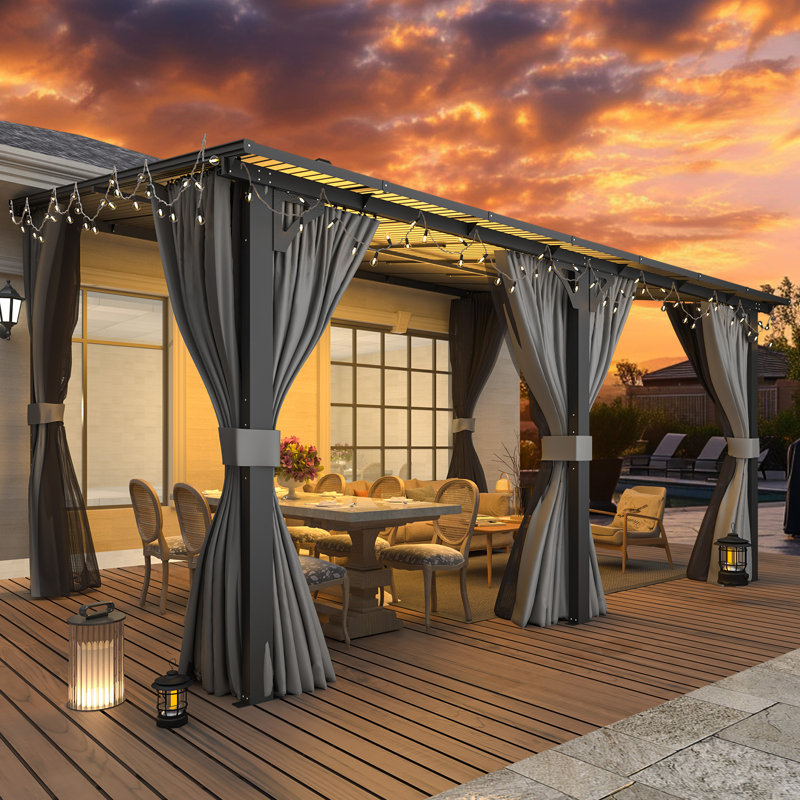 Lean-To Wall-Mounted Pergolas With Curtains And Netting, 96" H x 168" W x 120" D