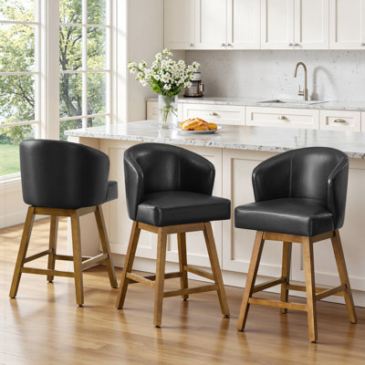 360° Swivel Upholstered Bar Stool With Solid Rubberwood Base, Spring-Cushioned Comfort, 350 Lb Capacity