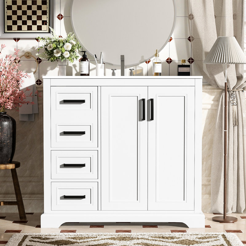 Meuble-lavabo 36 po avec lavabo en céramique, esthétique blanche, 3 tiroirs, tablette réglable et structure en bois massif