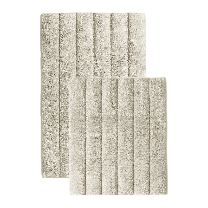 2 Piece Bath Mat Set - Ivory Solid Striped Bathroom Mat Soft Plush Thick, Ivoire