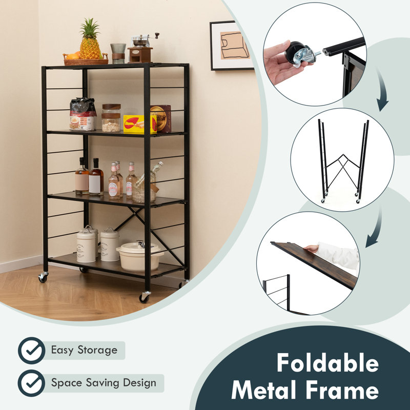 4-Tier Foldable Storage Shelf Collapsible Shelving Unit Display w/ Lockable Wheels Storage Rack