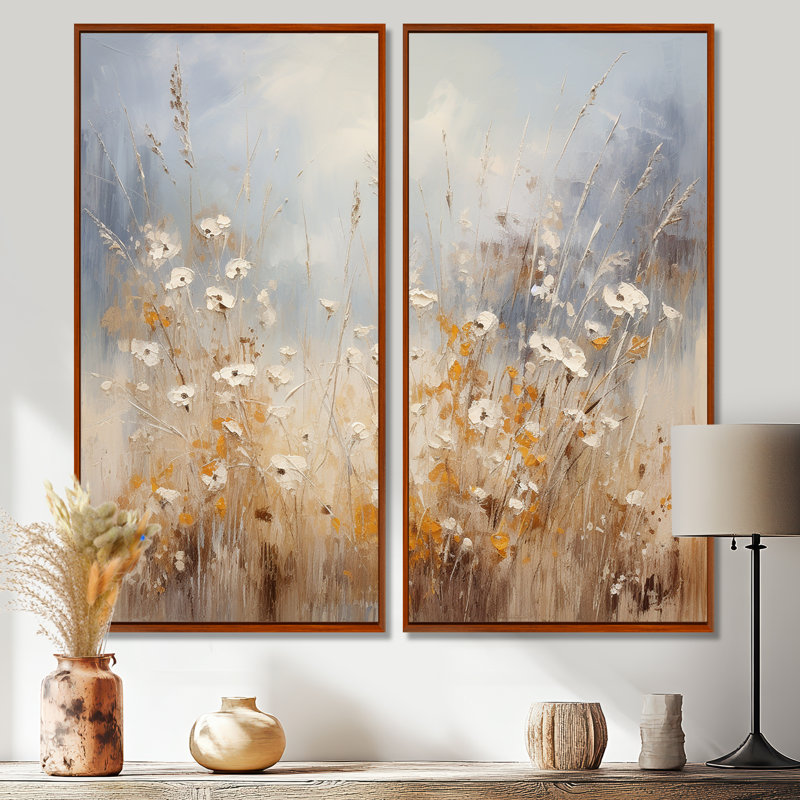 «Beige et gris Meadows Breeze», art mural grande prairie, 32" H x 32" W, Impression encadrée flottante, Brown