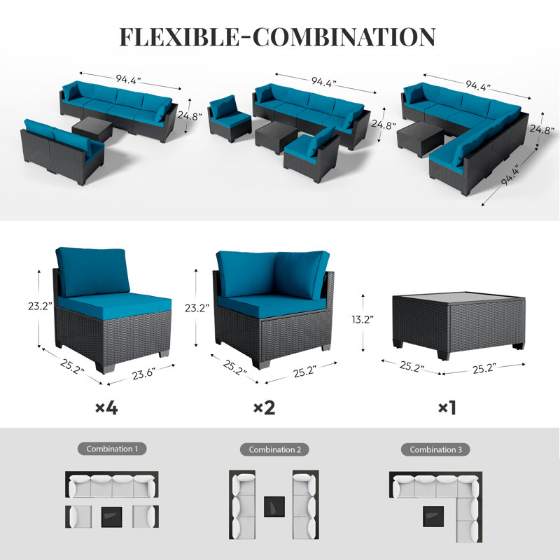  Patio Furniture Set - All-Weather,Water-Resistant - 7 Piece Patio Wicker Rattan Sectional Sofa, Modular Outdoor Conversation Set for Backyard, Garden, Poolside, Balcony