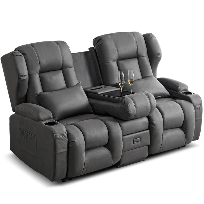 Loveseat Recliner with Flip-Top Storage Console, Manual Double Reclining Sofa with Pockets, Cup Holders, and Pillows
