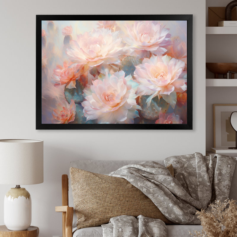 Impression romantique sur toile, cactus rose et vert II, H 24 po x l 32 po x P 1 po, Encadrement doré