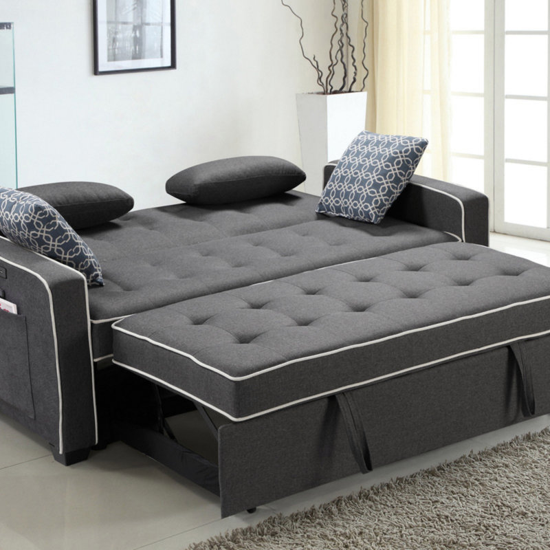 70" Modern Grey Fabric Sleeper Sofa With 2 USB Charging Ports And 4 Accent Pillows