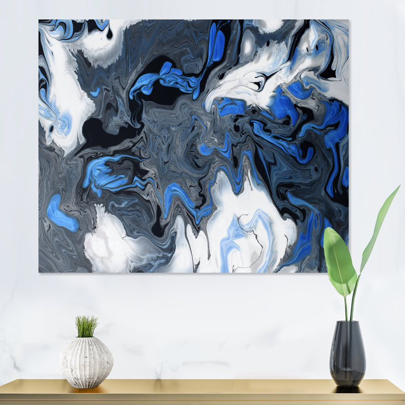 Vagues bleues liquides sur fond blanc et noir - peinture sur toile, H 16 po x l 32 po x P 1 po, Toile tendue