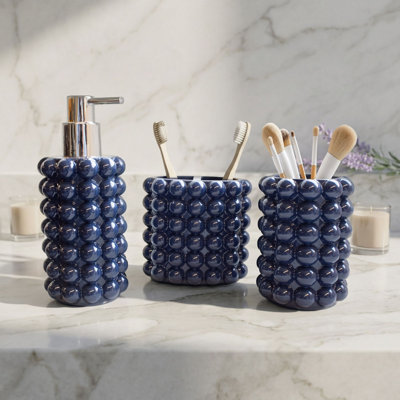 Decius Bubble Textured 3-Piece Bathroom Accessories Set, Resin Soap Dispenser, Toothbrush Holder & Tumbler Cup for Bathroom Countertop, Navy