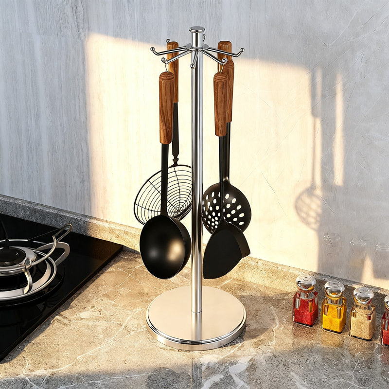 Porte-ustensiles de cuisine pour comptoir, organisateur d'ustensiles de cuisine rotatif en acier inoxydable avec 8 crochets (chrome)