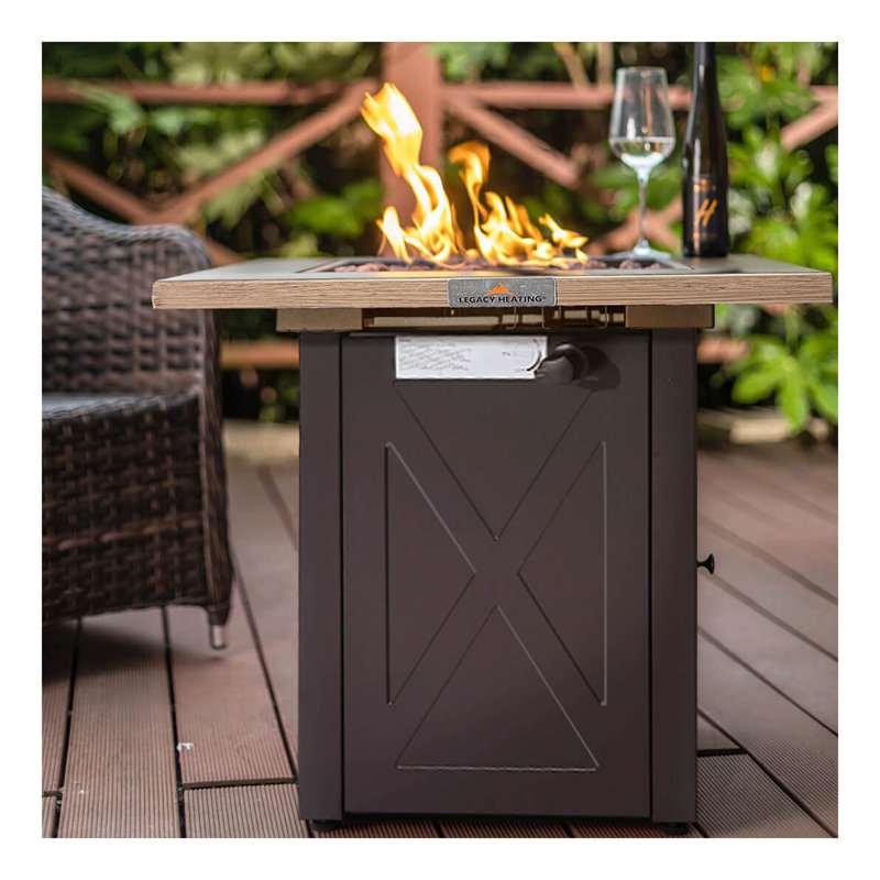 28inch Outdoor Gas Fire Pit Table , 48,000 BTU, Square Outdside Propane Patio Firetable, ETL Certification, Bionic Wood Grain Lid, for Backyard, Garden, Party, Deck, Courtyard