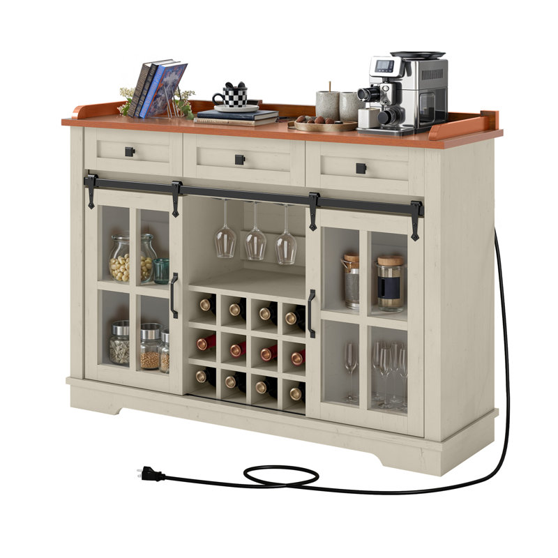 Buffet de 53 po avec porte de grange coulissante, porte-bouteilles, 3 tiroirs et station de charge