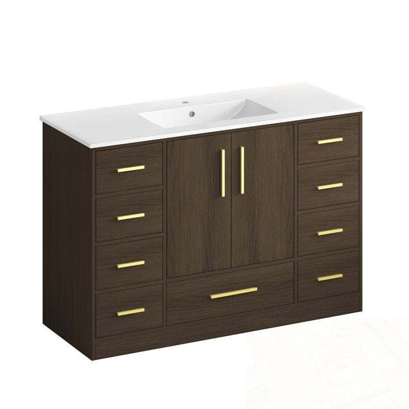 Meuble-lavabo avec 2 portes à fermeture douce et 9 tiroirs, Marron foncé