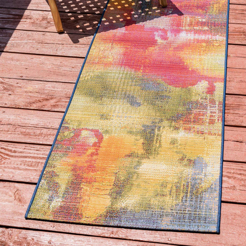 Tapis d'intérieur / extérieur vert / bleu à motif abstrait Trona, Tapis de couloir 2 pi 7 po x 7 pi