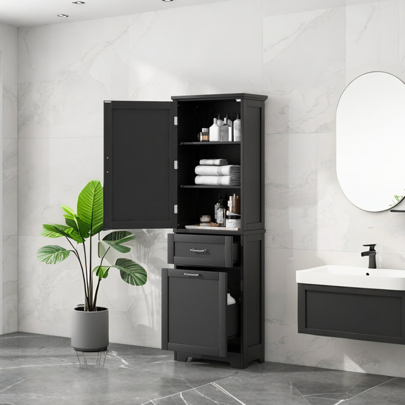 Grande armoire de rangement pour salle de bain, armoire de rangement autoportante avec deux tiroirs de taille différente et tablette réglable