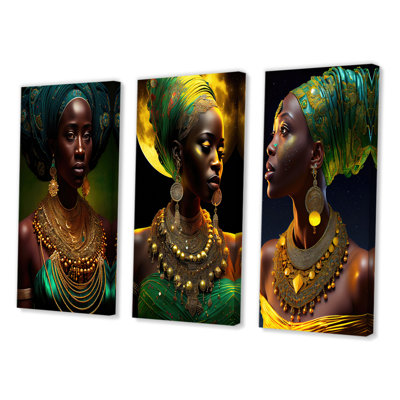 «Emerald Queen African Woman Under Moon», 3 pièces sur toile