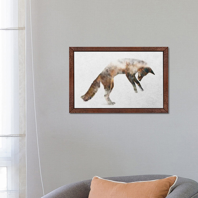 Jumping Fox by Andreas Lie - Print on Canvas, 30.48 cm H x 45.72 cm W, Brown Framed