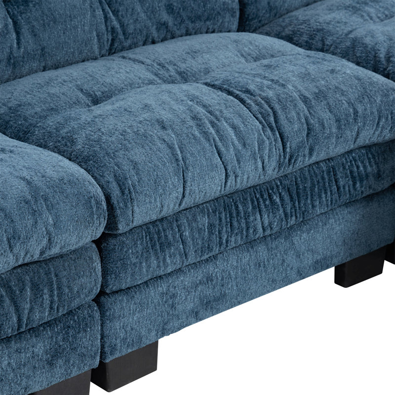 Canapé modulaire en L à assise profonde et canapé-lit réversible à 3 places, Chenille bleu
