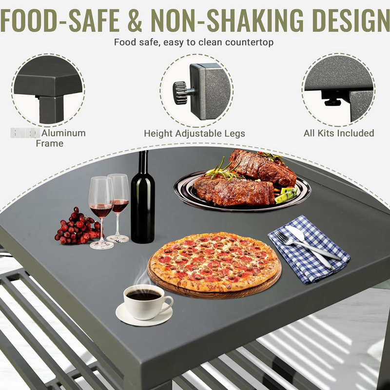 Îlot de cuisine extérieur gris, structure en aluminium, support de rangement double pour nourriture, housse de protection, unité de pieds de nivellement, unité grise, fabriqué, table de préparation des aliments, zones réglables