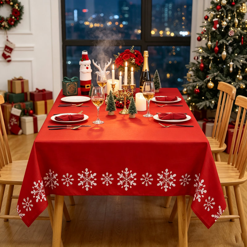 Snowflake Print Tablecloth in 150GSM Polyester Slub Cloth | Wipeable & Wrinkle-Resistant Festive Cover for Dining Room, Kitchen & Holiday Parties