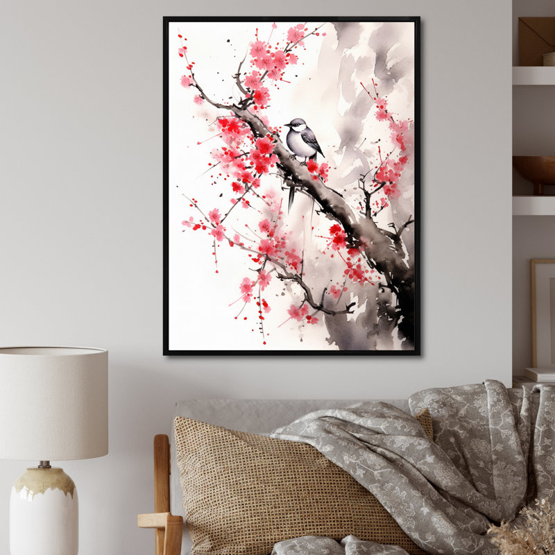 Art asiatique, oiseau Sumi, sérénité - impression, H 32 po x l 16 po x P 1 po, Cadre flottant noir