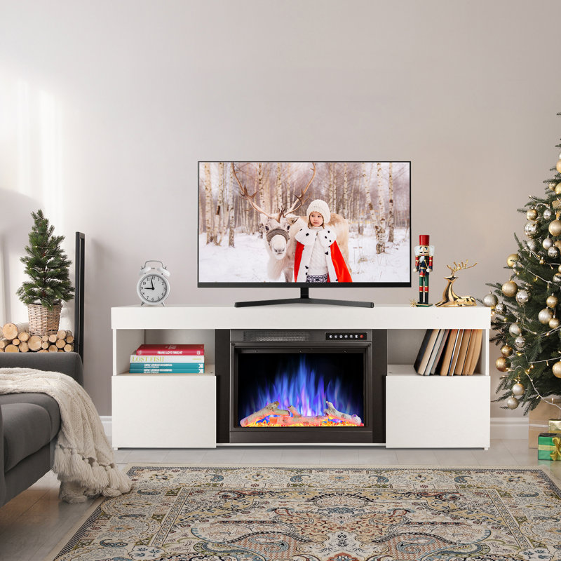  60" Fireplace TV Stand With Electric Fireplace,Remote ,Timer & Adjustable Led Flame, White