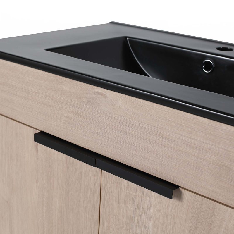 Meuble-lavabo autoportant avec lavabo en céramique, Chêne clair uni, Noir, noir, noir, noir