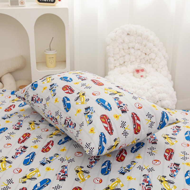 Ensemble de draps pour lit pour enfants Viviland, draps 4 pièces, draps-housses en microfibre avec poche profonde de 15 pouces et sangles de coin, ensembles de draps et taies d'oreiller de voiture de course gris doux et soyeux