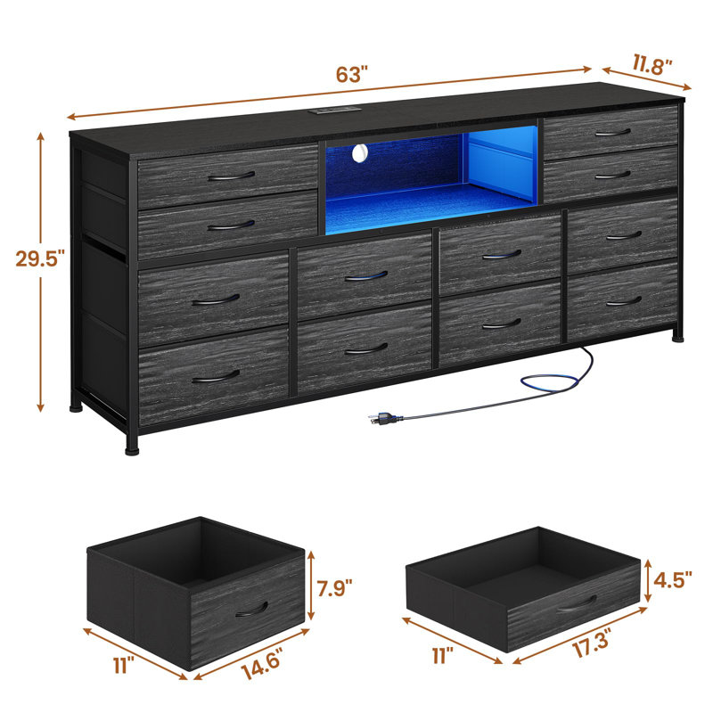 Commode télé 12 tiroirs 63 po pour chambre à coucher, commode longue avec lumières à DEL et prises de courant, Gris