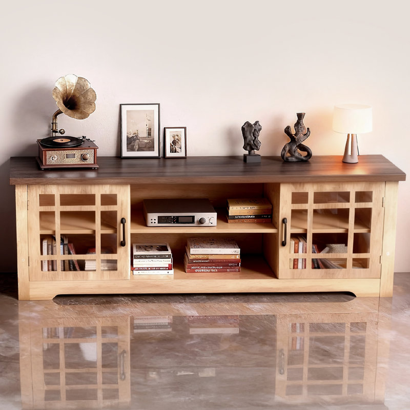57.8'‘ Brown TV Stand For 55-70’' TV With 2 Glass Doors