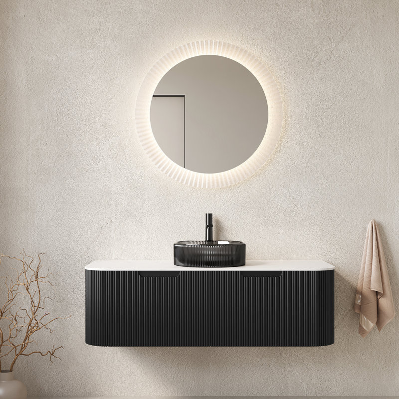 Meuble-lavabo mural de 48 po comprenant un lavabo rond en cristal noir transparent, un rangement à 2 tiroirs avec une finition mate rayée en 3D, des glissières sous le comptoir à fermeture en douceur, un contreplaqué épais de 18 mm