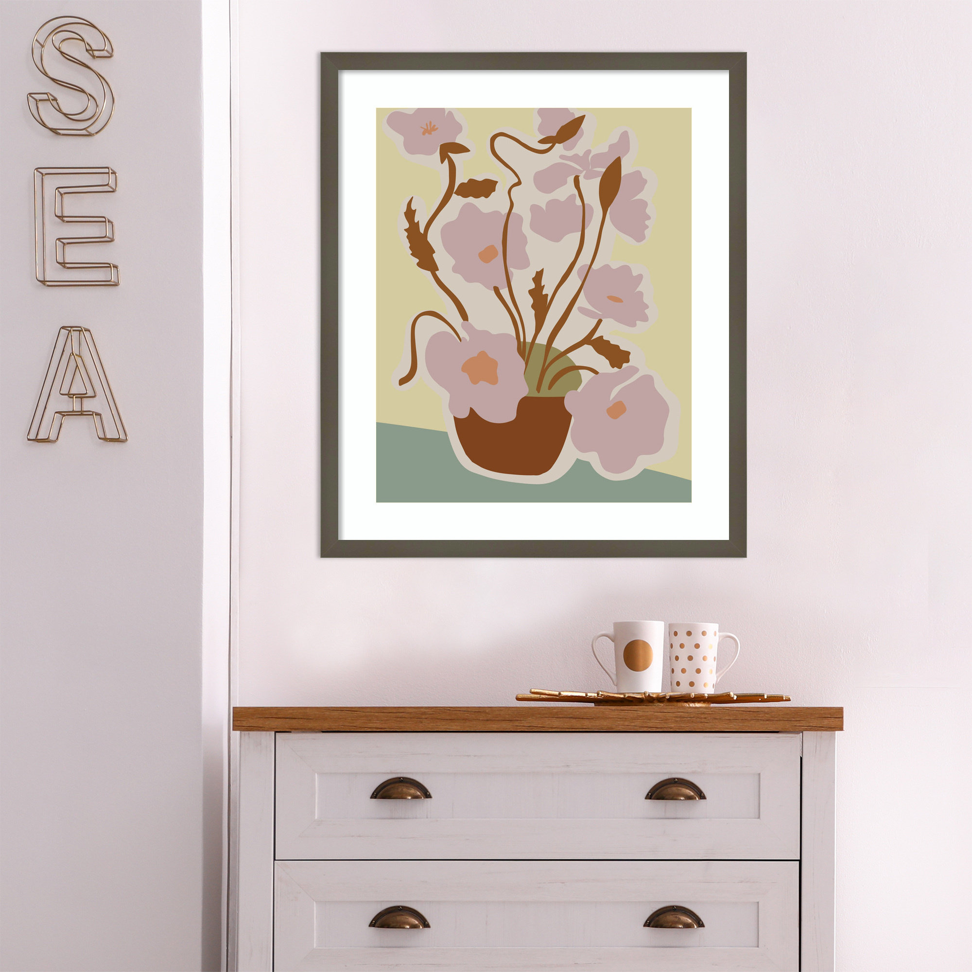 Expressive Abstract House Plant Pink On Yellow Framed On Paper Print, 25" H x 21" W x 1" D, Brown