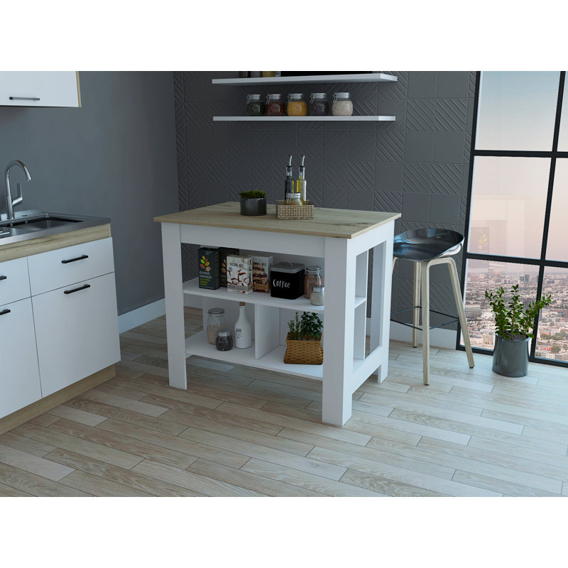 Îlot de cuisine à 3 tablettes blanc et chêne clair, Blanc
