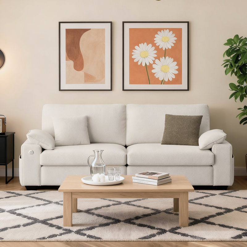 Solid Wood Frame Sofa with Storage Arms and UCB+Type-C Charging Ports, Beige