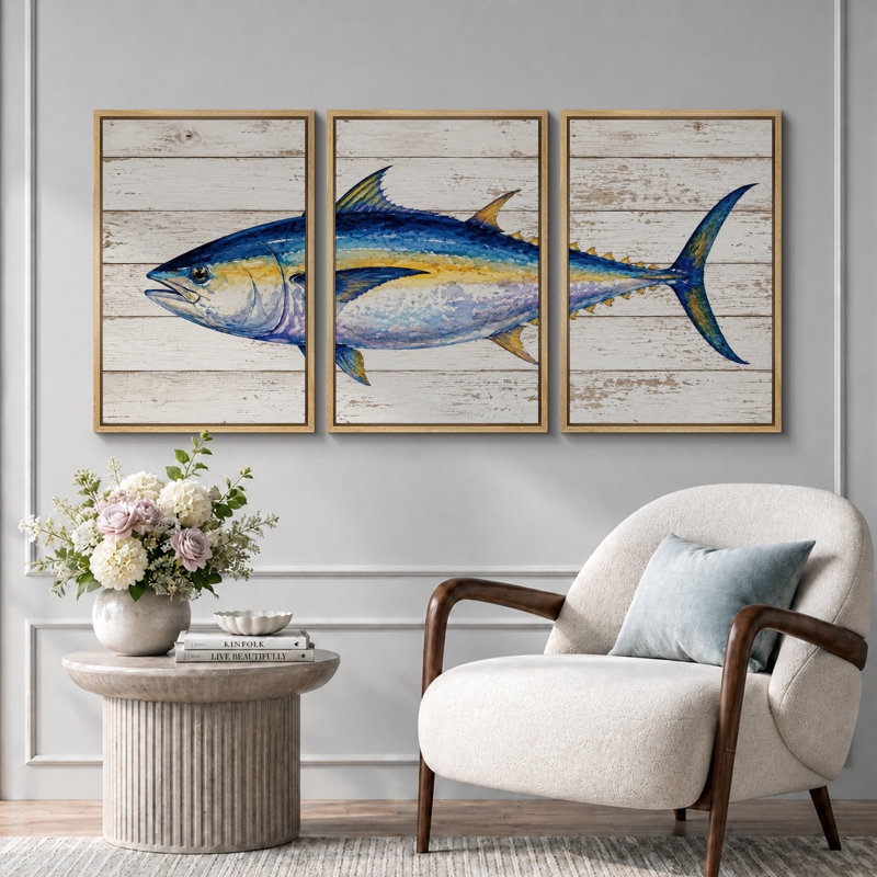 Thon bleu côtier, art de la cuisine, impression sur toile encadrée, 3 pièces, Natural Frame, 36" H x 72" W x 1.5" D