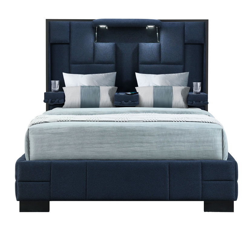 Grand lit bleu marine avec station de charge sans fil et lit d'accoudoir pliable, fabrication en bois d'hévéa, Marine