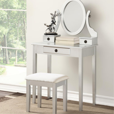 Wood Makeup Vanity Table & Stool, Silver - 3 Storage Drawers, Oval Mirror For Beauty Enhancement Routine Care Needs