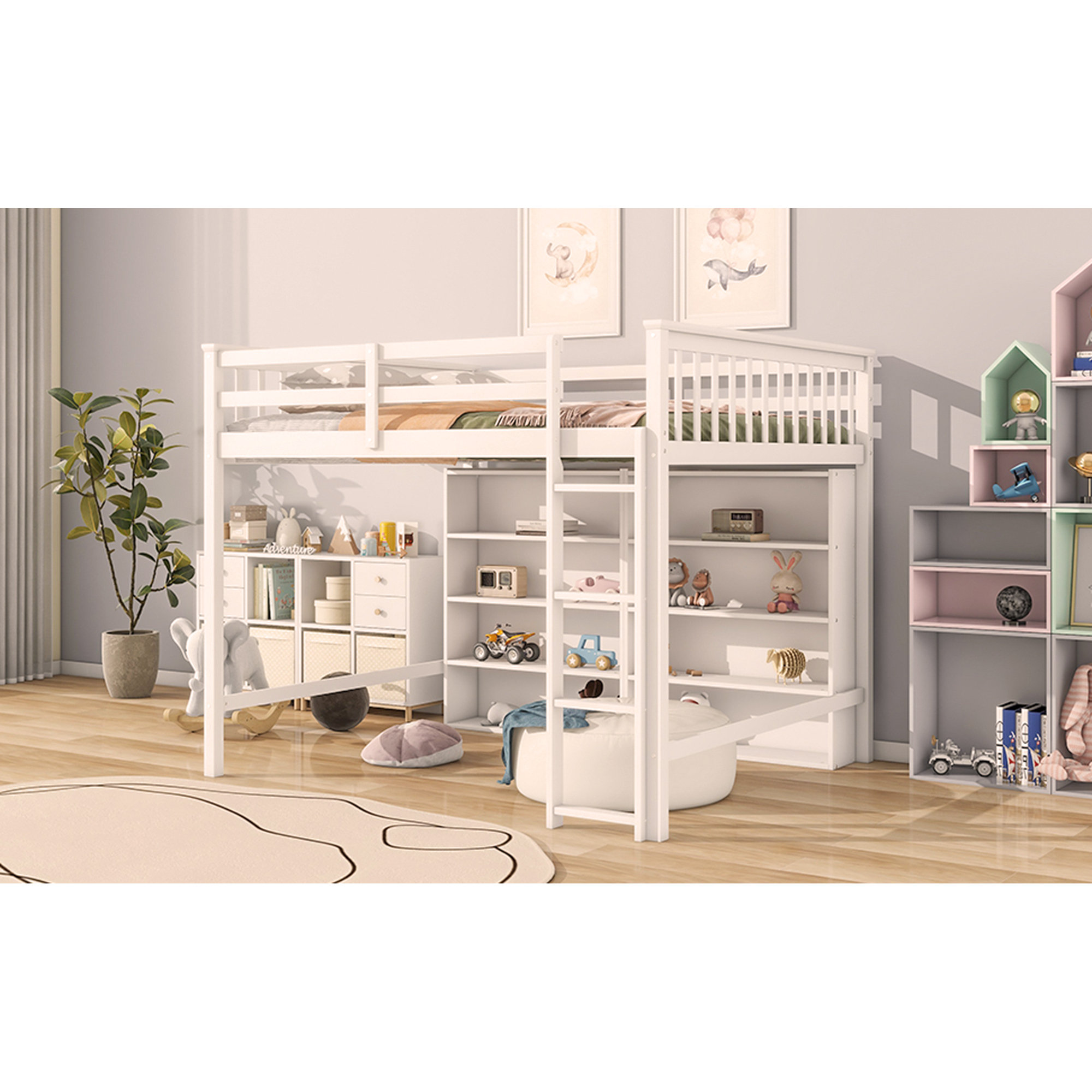 Harriet Bee Full Size Loft Bed With 8 Open Storage Shelves And Built-In ...
