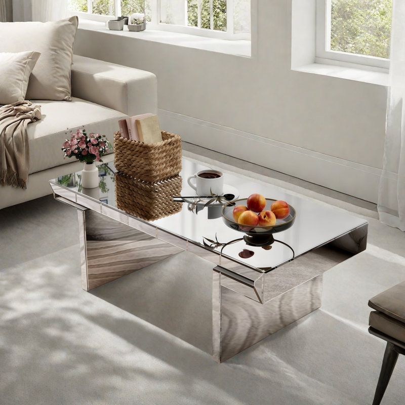 Luxury Rectangular Mirror Coffee Table With Fluted Tempered Glass And Rounded Edges