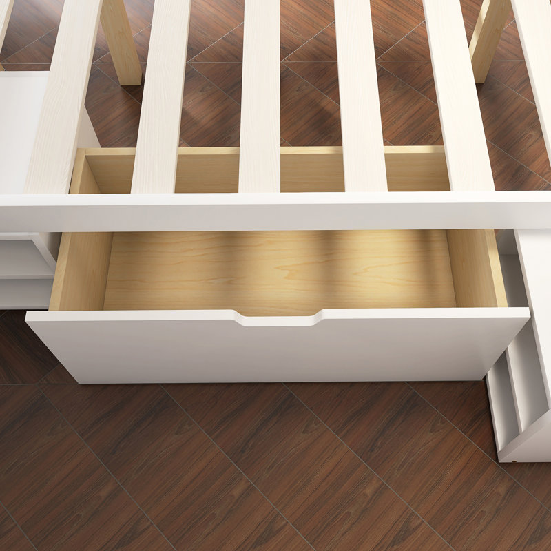 Lit plateforme double en bois avec tiroir et deux tablettes, Blanc antique